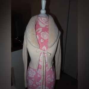 Zara Cream Rib-Knit Tie-Front Sweater with Faux Fur Collar